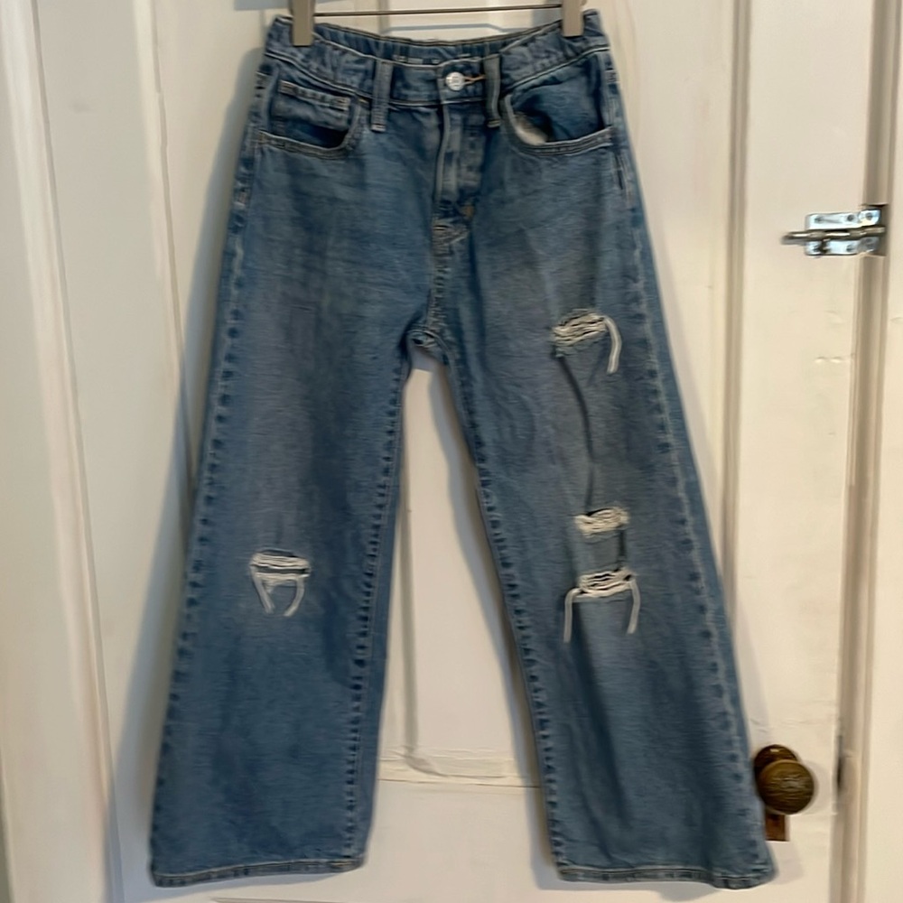 Girls size 12 Old Navy high rise distressed, baggy wide leg jeans.
